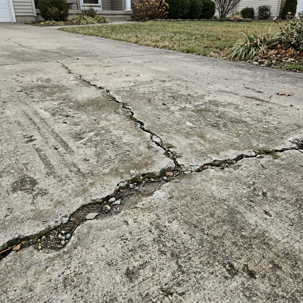 Residential concrete walkway with a freshly patched crack beside an unrepaired one