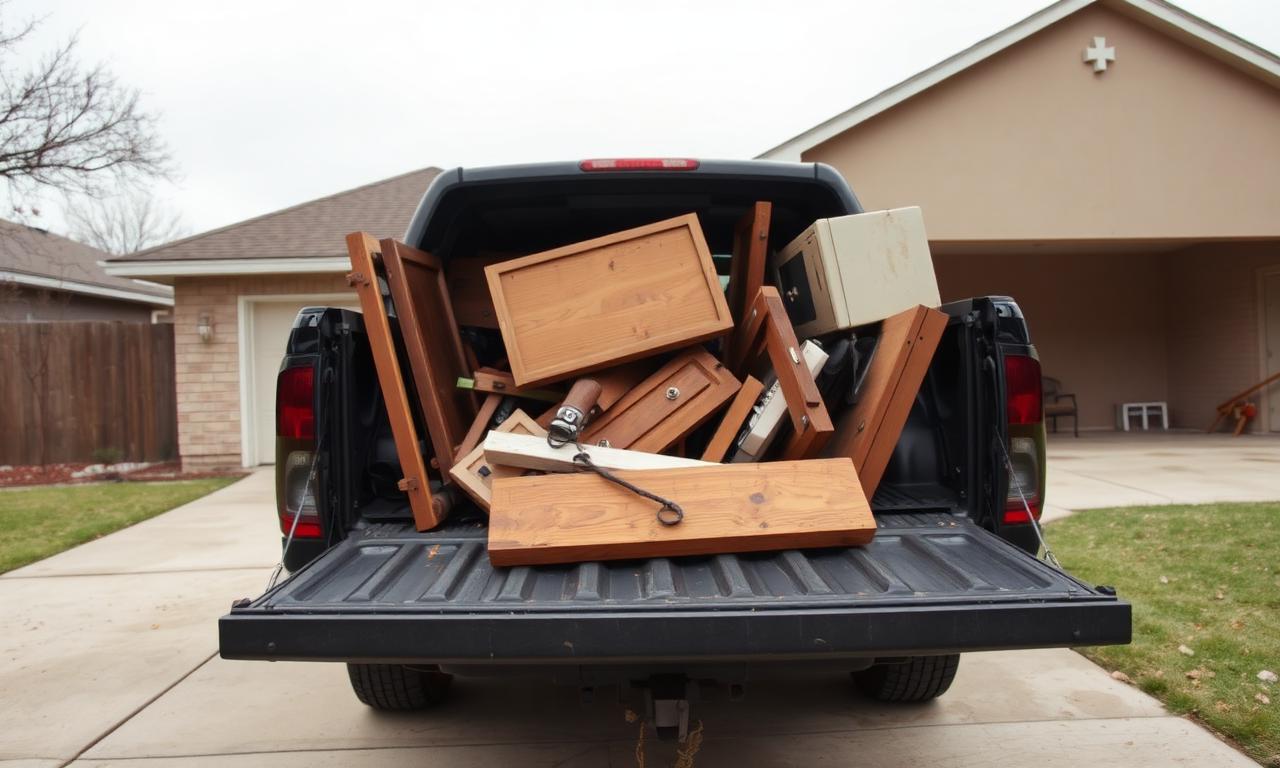 Pickup truck bed loaded with old furniture and scrap wood at a residential driveway