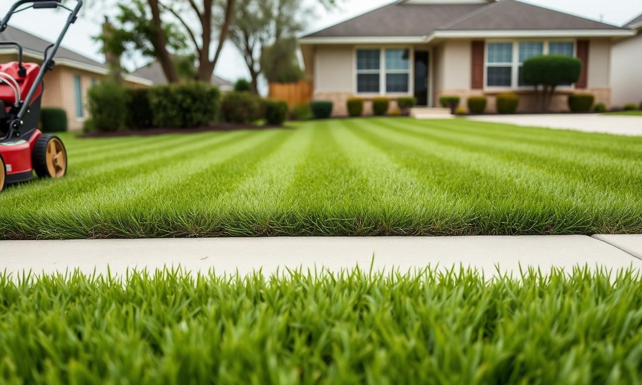 Freshly mowed suburban front lawn with crisp parallel mow lines