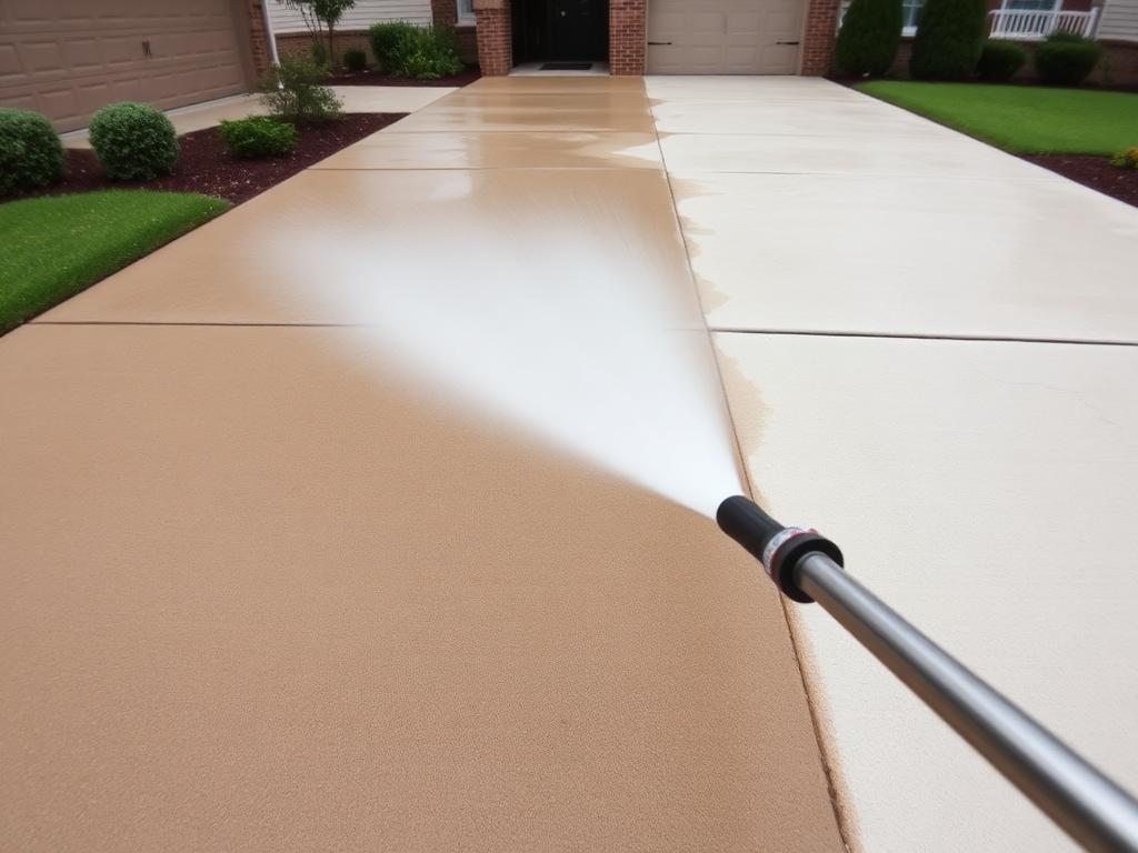 Freshly pressure-washed residential concrete driveway, wet and uniformly clean