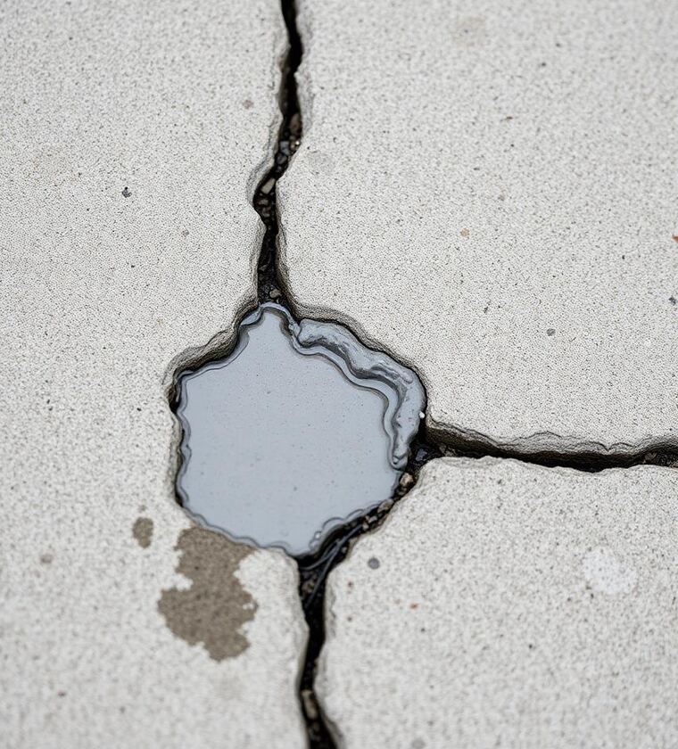 Concrete sidewalk crack freshly patched with grey filler
