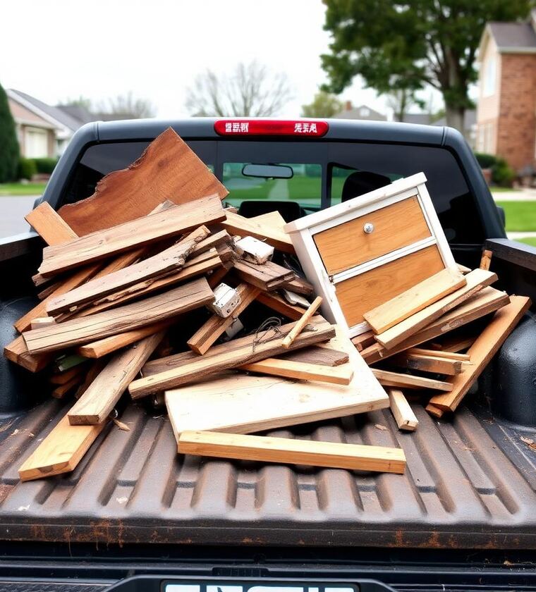 Pickup truck bed loaded with scrap wood and old furniture