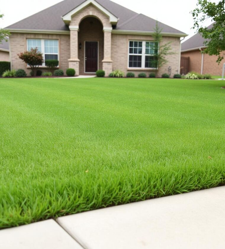 Freshly mowed front lawn with visible mow lines