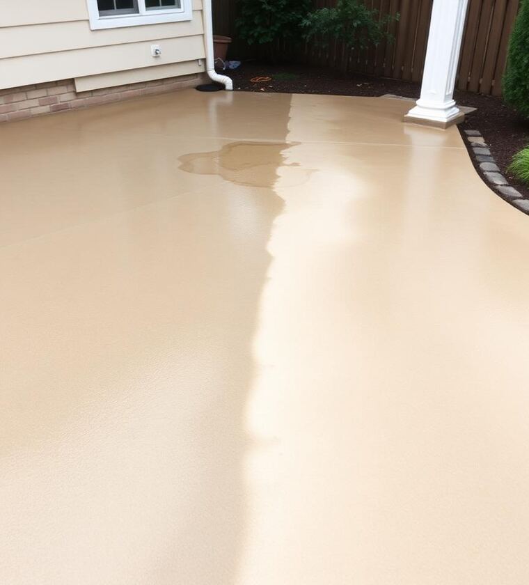 Backyard patio mid-pressure-wash showing clean vs dirty stripe