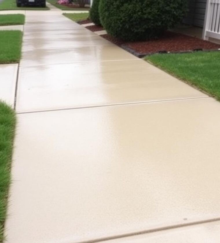 Freshly washed residential sidewalk, bright clean concrete